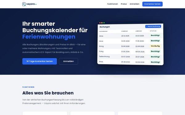 Buchungsverwaltung Vayoro mit Kalender- und Belegungsansicht